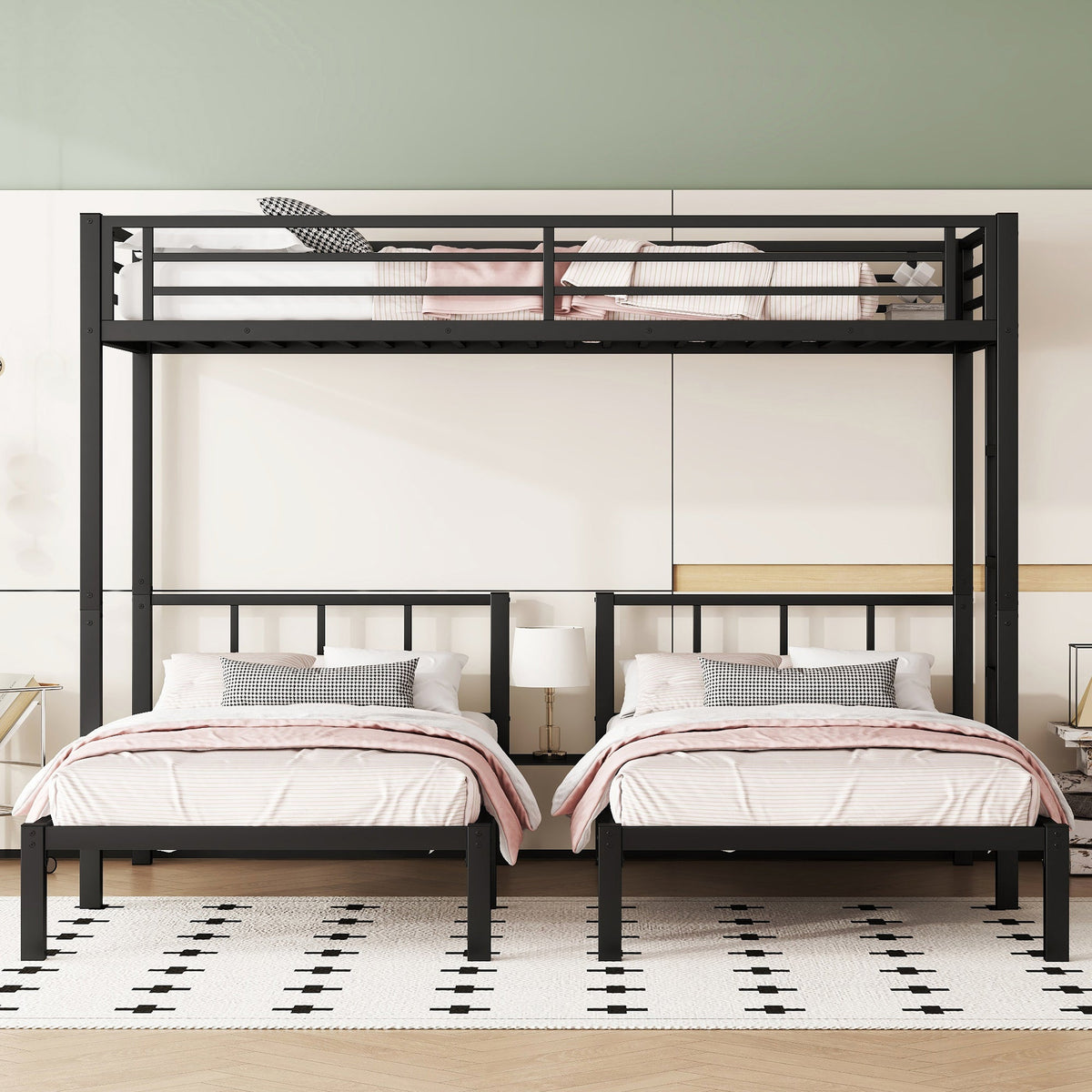 Metal triple bunk bed for kids with black steel frame, top guard rails bottom twin beds on Tampa Home & Garden Store