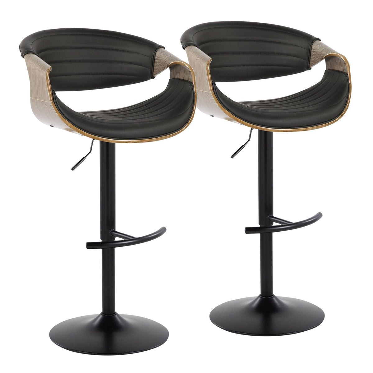 Symphony barstool set, two stools with black seats and light wood arms, swivel bases on Tampa Home & Garden Store