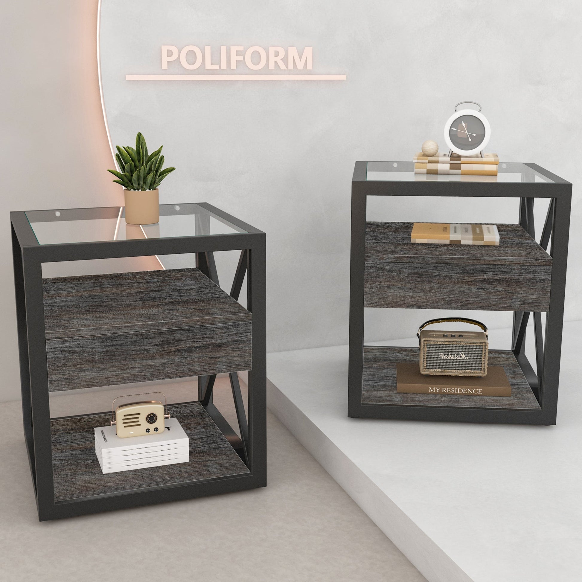 Set of 2 modern end tables with drawers, black metal frames, dark wood shelves on Tampa Home & Garden Store