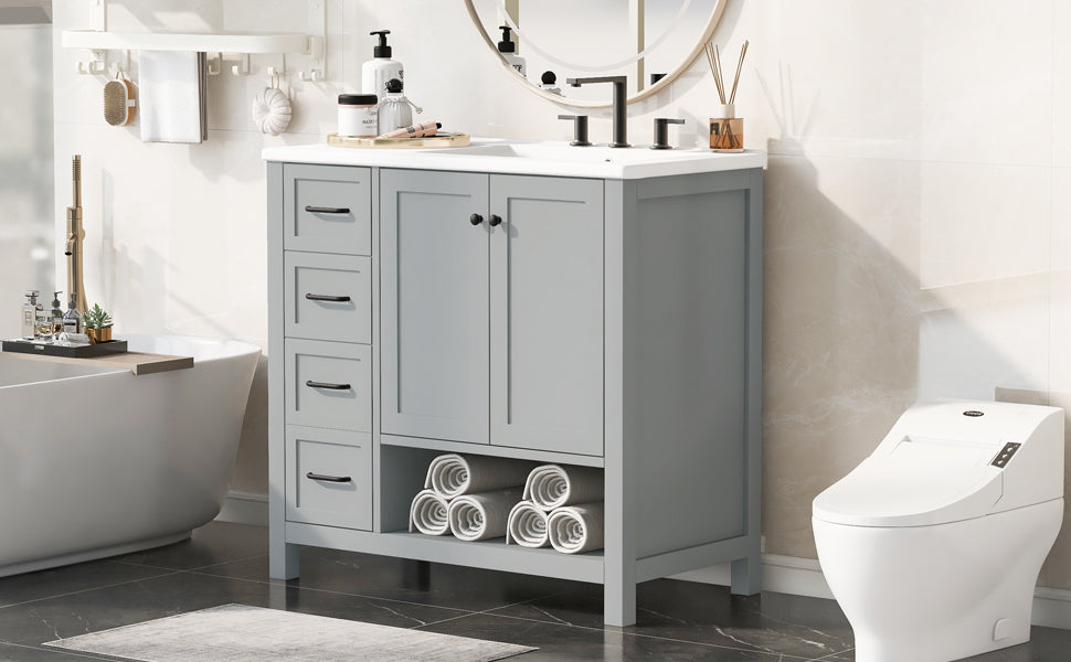 36-inch bathroom vanity with sink and storage cabinet in gray-blue, black hardware, towel shelf on Tampa Home & Garden Store