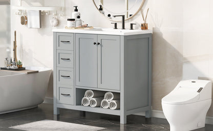 36-inch bathroom vanity with sink and storage cabinet in gray-blue, black hardware, towel shelf on Tampa Home & Garden Store
