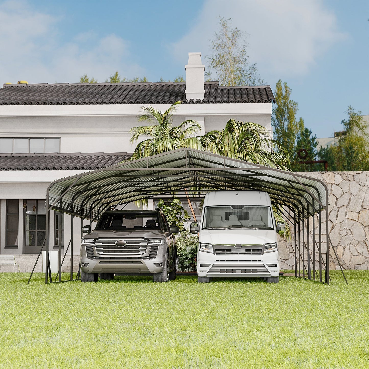 Heavy Duty Carport Canopy 20x30 with curved steel frame sheltering vehicles in front of a house on Tampa Home & Garden Store