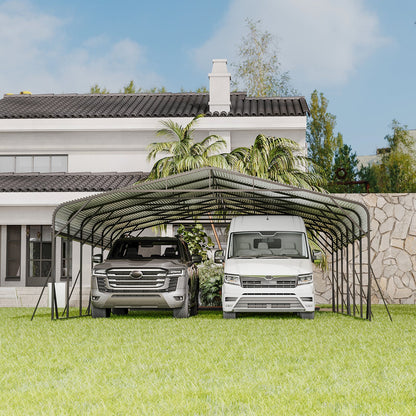 Heavy Duty Carport Canopy 20x30 with curved steel frame sheltering vehicles in front of a house on Tampa Home & Garden Store