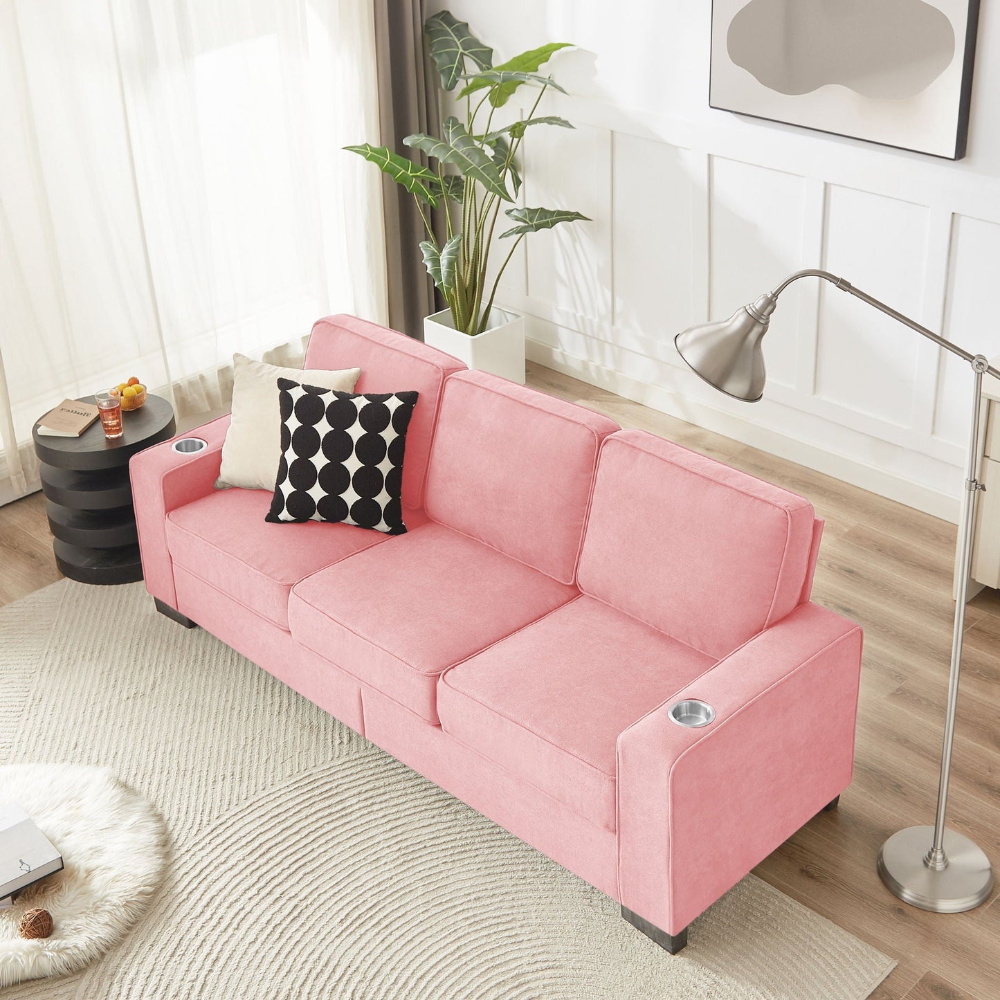 Modern Snowfleece Fabric 3 Seater Sofa with Cup Holder pink upholstery by HouseOfZazla on Tampa Home & Garden Store