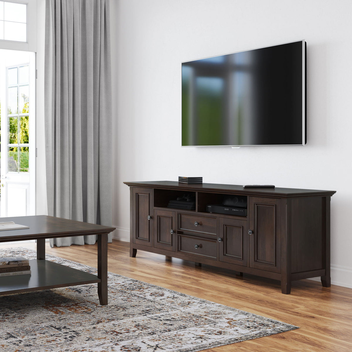 Wide TV Stand in solid wood by HouseOfZazla, brown finish with drawers and shelves on Tampa Home & Garden Store