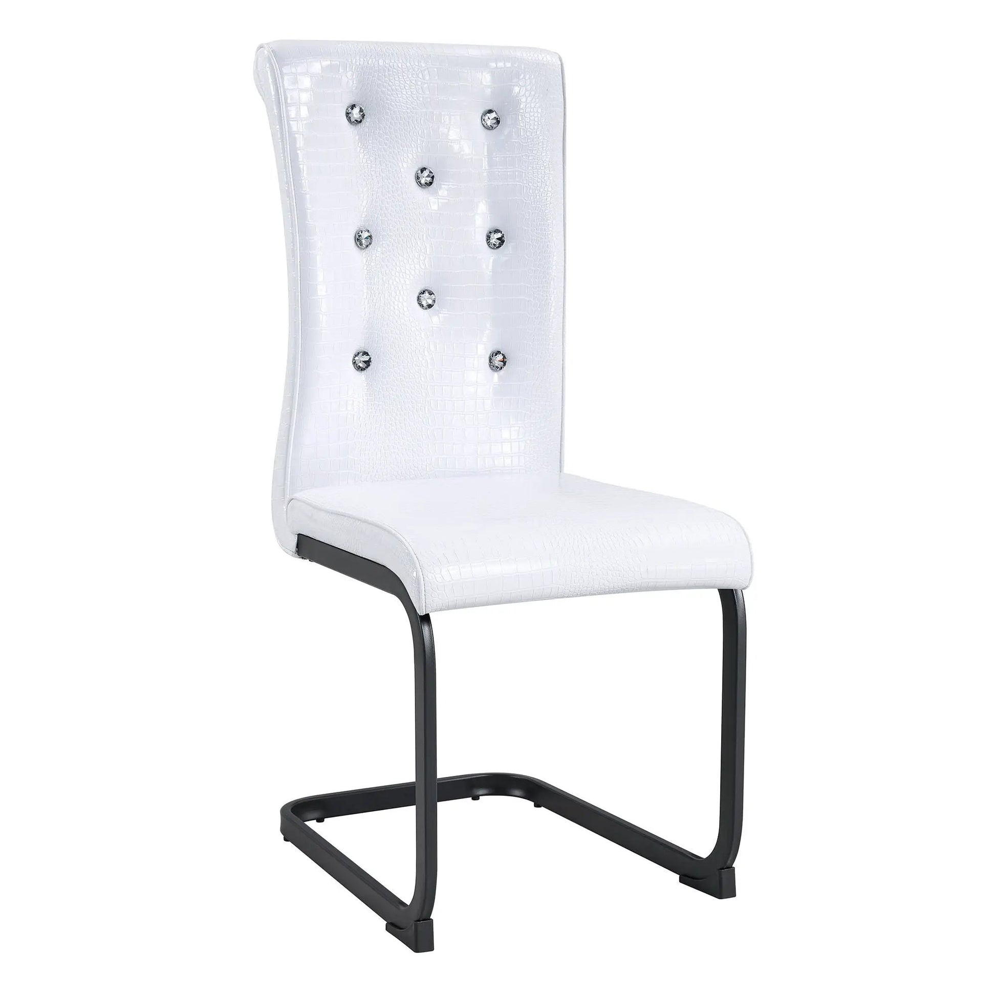 White alligator-skin upholstered dining chair with crystal tufting and cantilever legs on Tampa Home & Garden Store