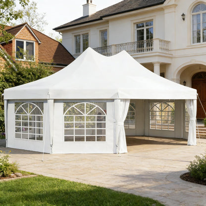 Extra Large Event Tent HouseOfZazla canopy with clear windows in front of a white mansion on Tampa Home & Garden Store