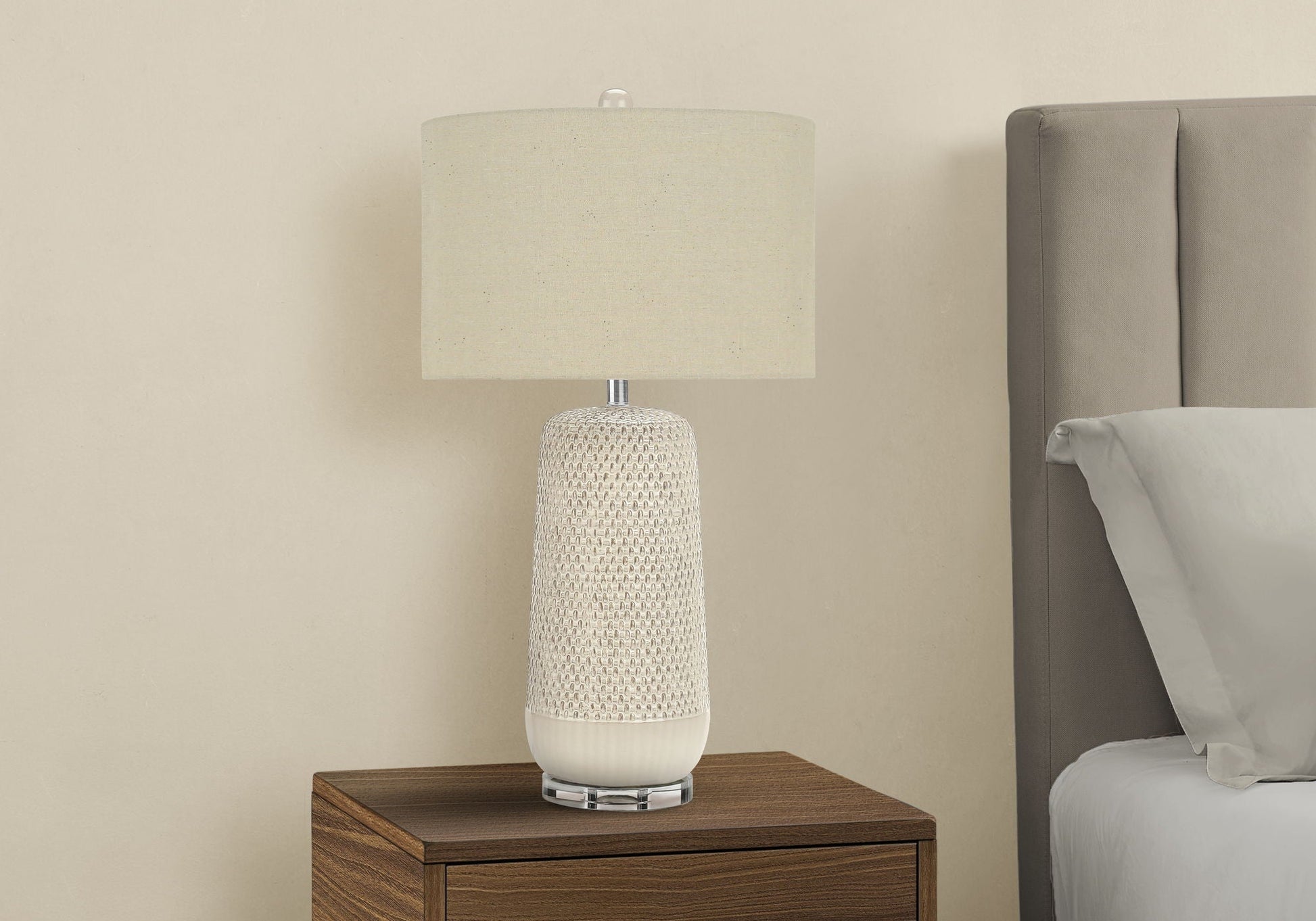 Contemporary lighting table lamp cream ceramic base with beige fabric shade and lattice finish on Tampa Home & Garden Store