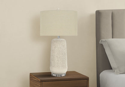 Contemporary lighting table lamp cream ceramic base with beige fabric shade and lattice finish on Tampa Home & Garden Store