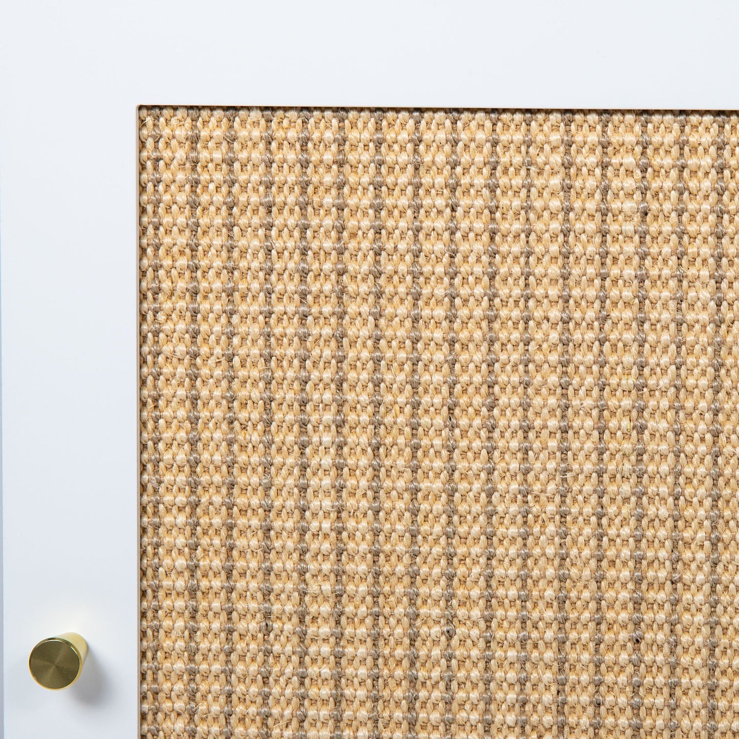 White interior door with brass knob beside beige woven jute rug on Tampa Home & Garden Store