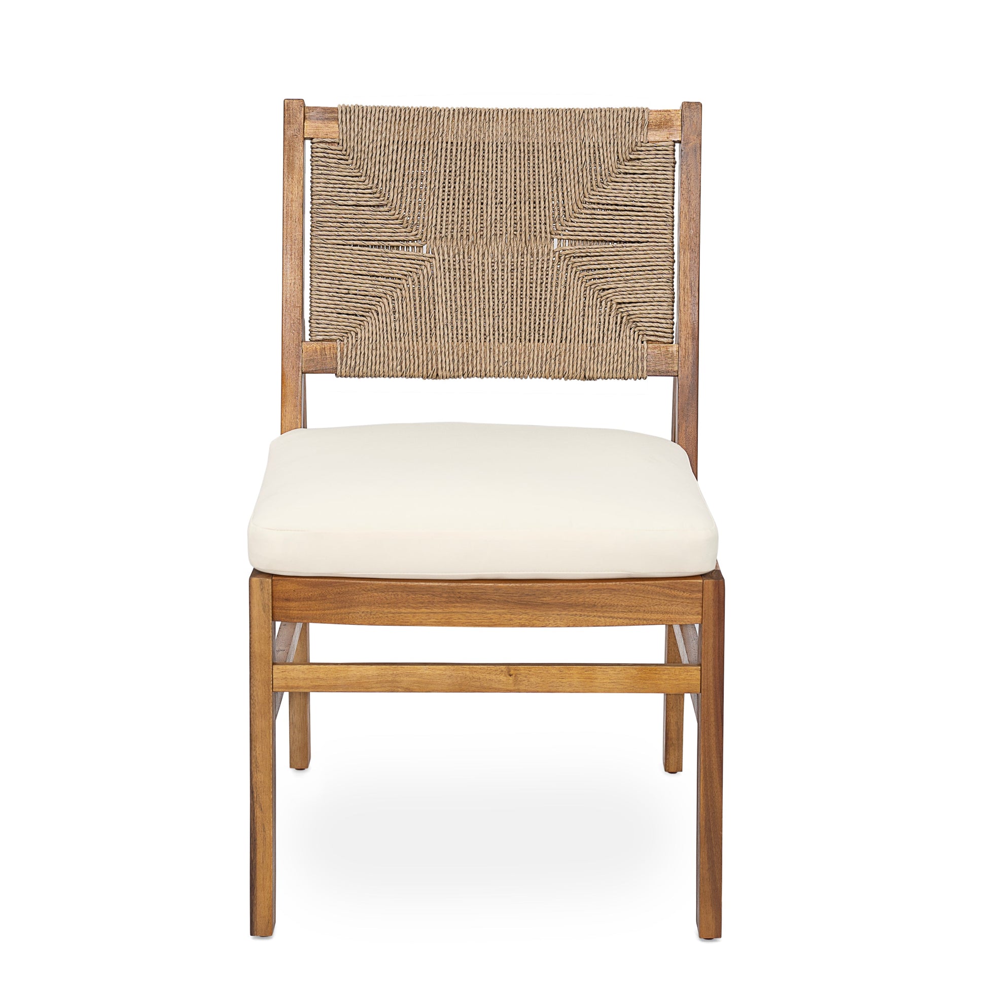Outdoor dining chair with natural acacia wood frame and woven rope back cream cushion on Tampa Home & Garden Store