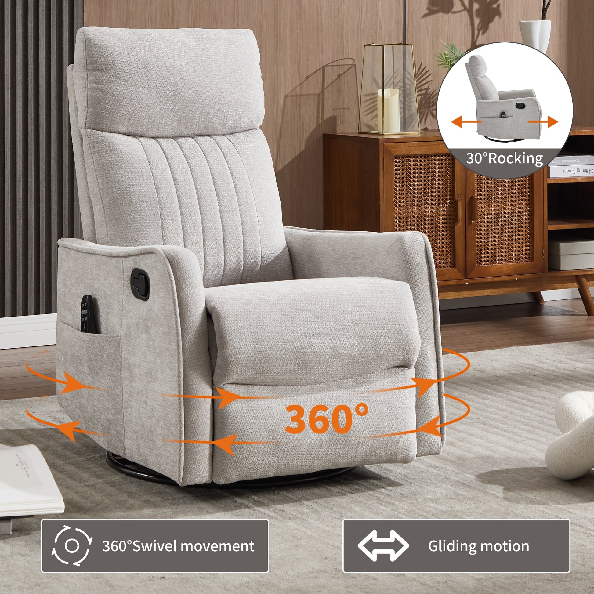 Comfortmax swivel and rocking recliner by HouseOfZazla in light gray fabric, 360° swivel on Tampa Home & Garden Store