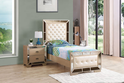 Stylish panel bed with gold mirrored panels and tufted cream headboard HouseOfZazla on Tampa Home & Garden Store