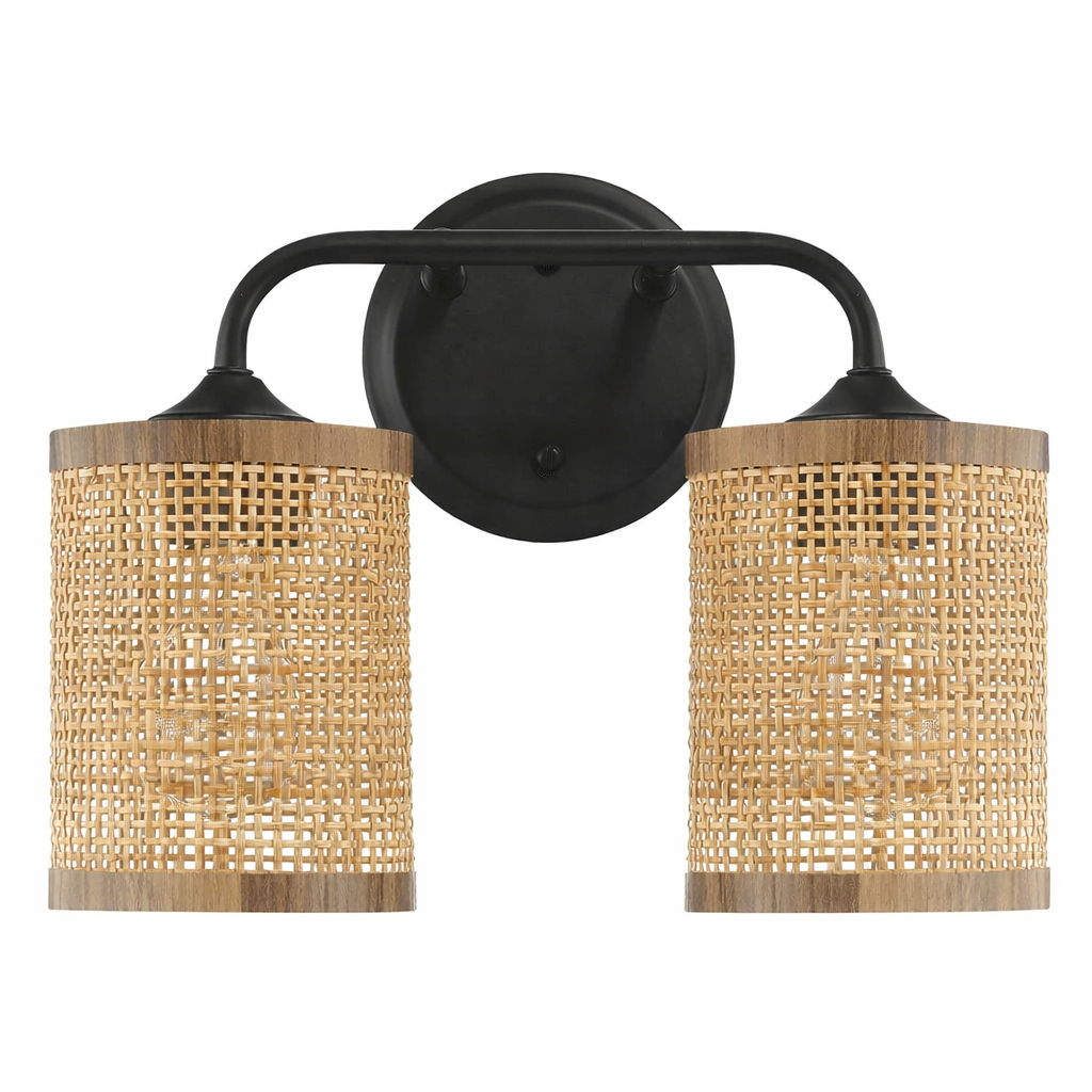 Quell double-light vanity wall lamp with black metal frame and natural rattan shades on Tampa Home & Garden Store