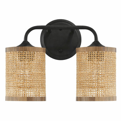 Quell double-light vanity wall lamp with black metal frame and natural rattan shades on Tampa Home & Garden Store