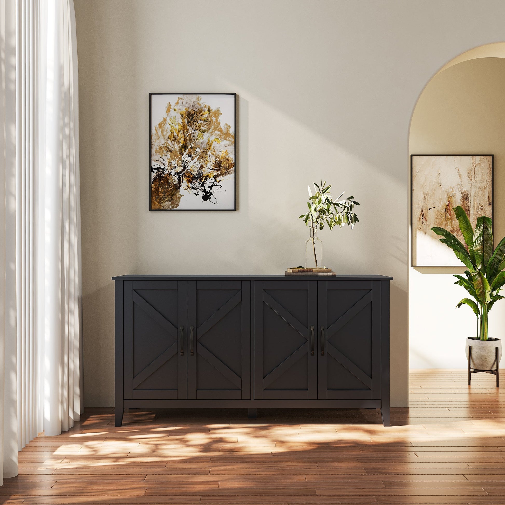 HouseOfZazla freestanding sideboard cabinet with 4 doors and 4 open shelves in dark gray on Tampa Home & Garden Store
