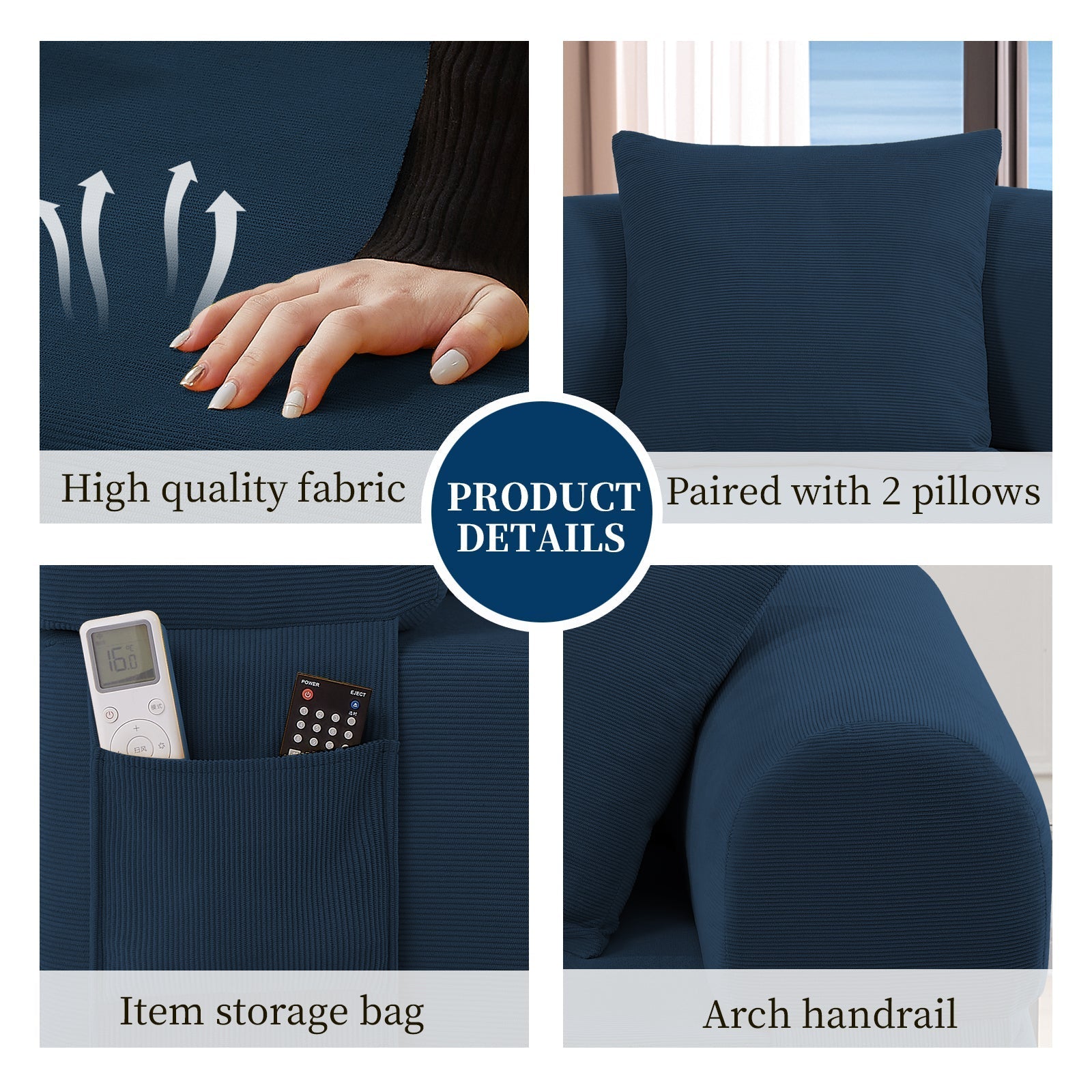 Sofa in blue by HouseOfZazla with high-quality fabric, 2 pillows, built-in storage on Tampa Home & Garden Store