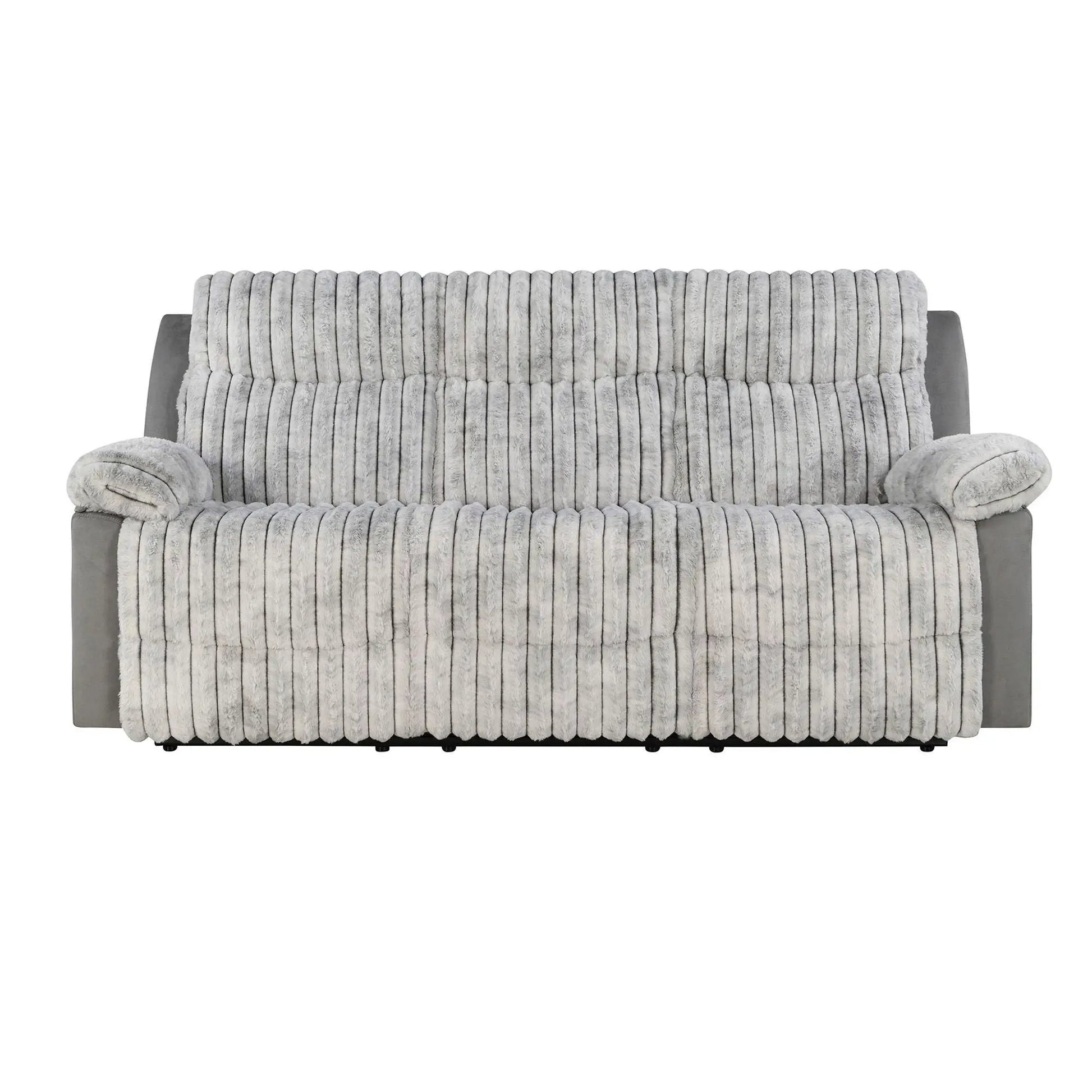 Brenda manual-recline sofa, gray faux fur upholstery, tufted back, Unique Piece Furniture on Tampa Home & Garden Store