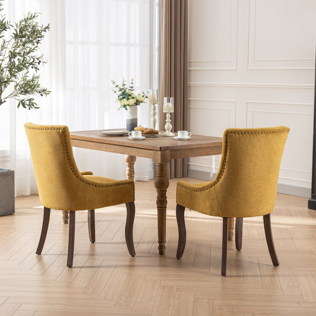 Ultra Side Dining Chair Set with solid wood legs; 2 mustard-yellow upholstered chairs in dining room on Tampa Home & Garden Store