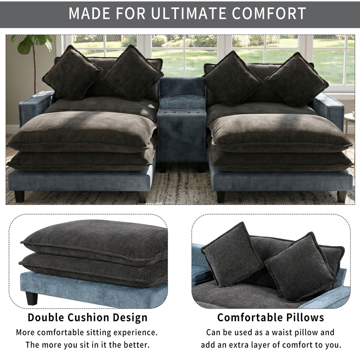 Sectional sofa 3-piece with removable ottomans in gray and blue, center console with cup holders on Tampa Home & Garden Store
