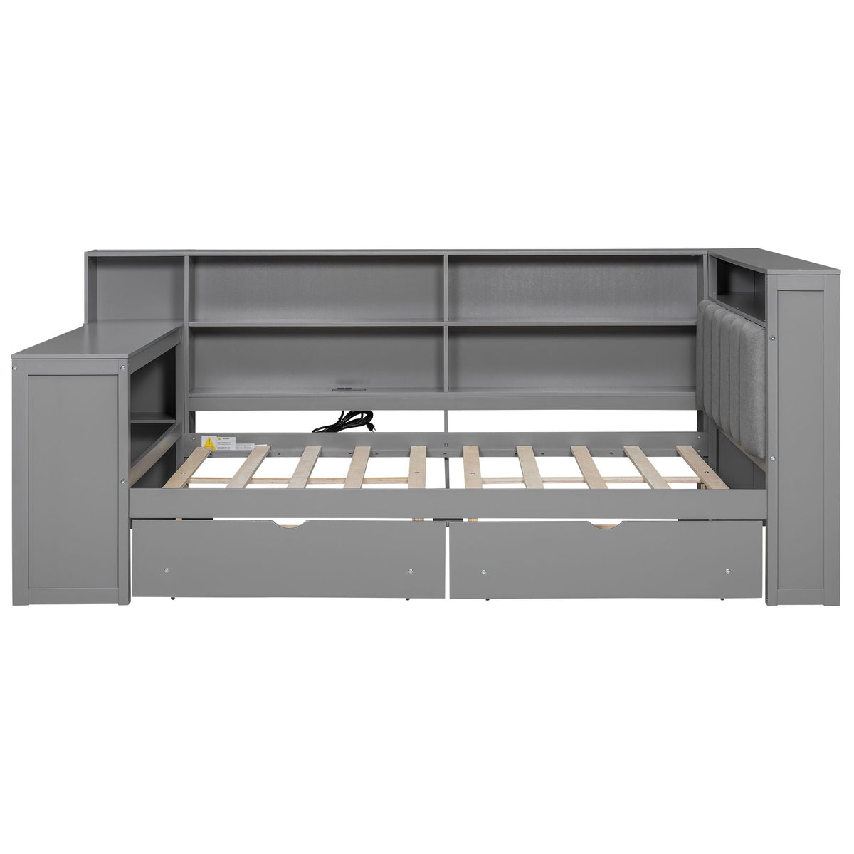 Platform bed with upholstered headboard, built-in desk, storage shelves and drawers in gray on Tampa Home & Garden Store