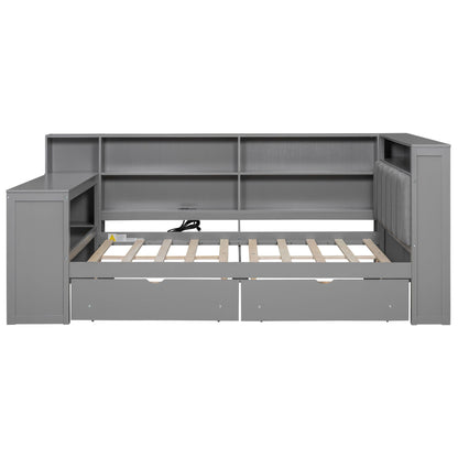Platform bed with upholstered headboard, built-in desk, storage shelves and drawers in gray on Tampa Home & Garden Store