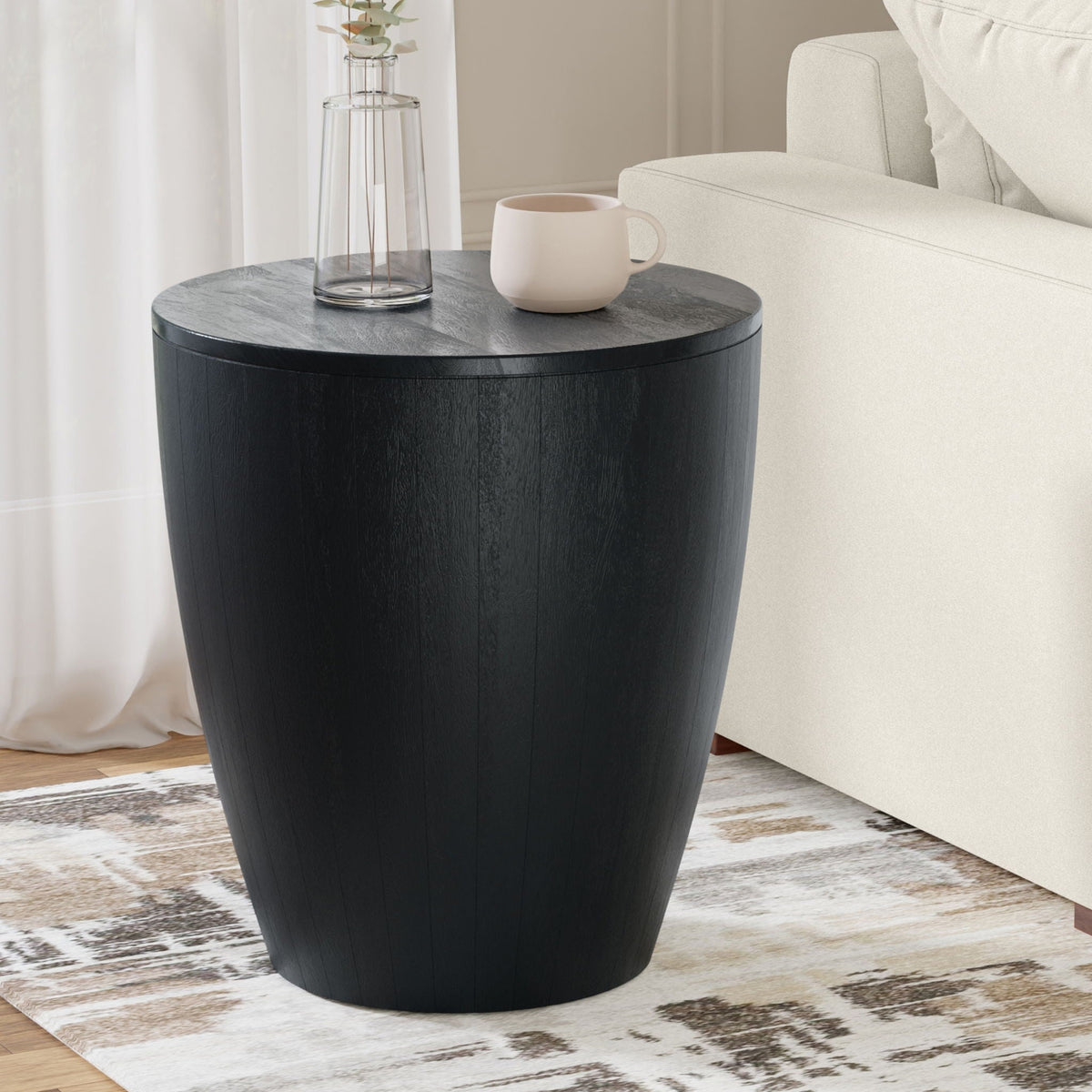 HouseOfZazla Solid Mango Wood Drum Side Table in black on Tampa Home & Garden Store