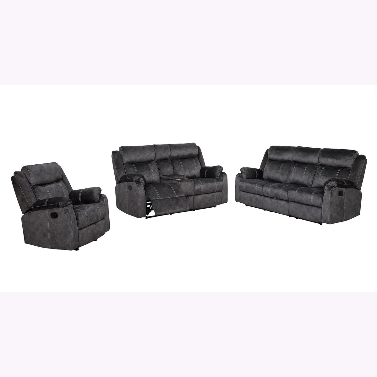 Sonet Domino reclining sofas three-piece set in dark gray fabric by HouseOfZazla on Tampa Home & Garden Store