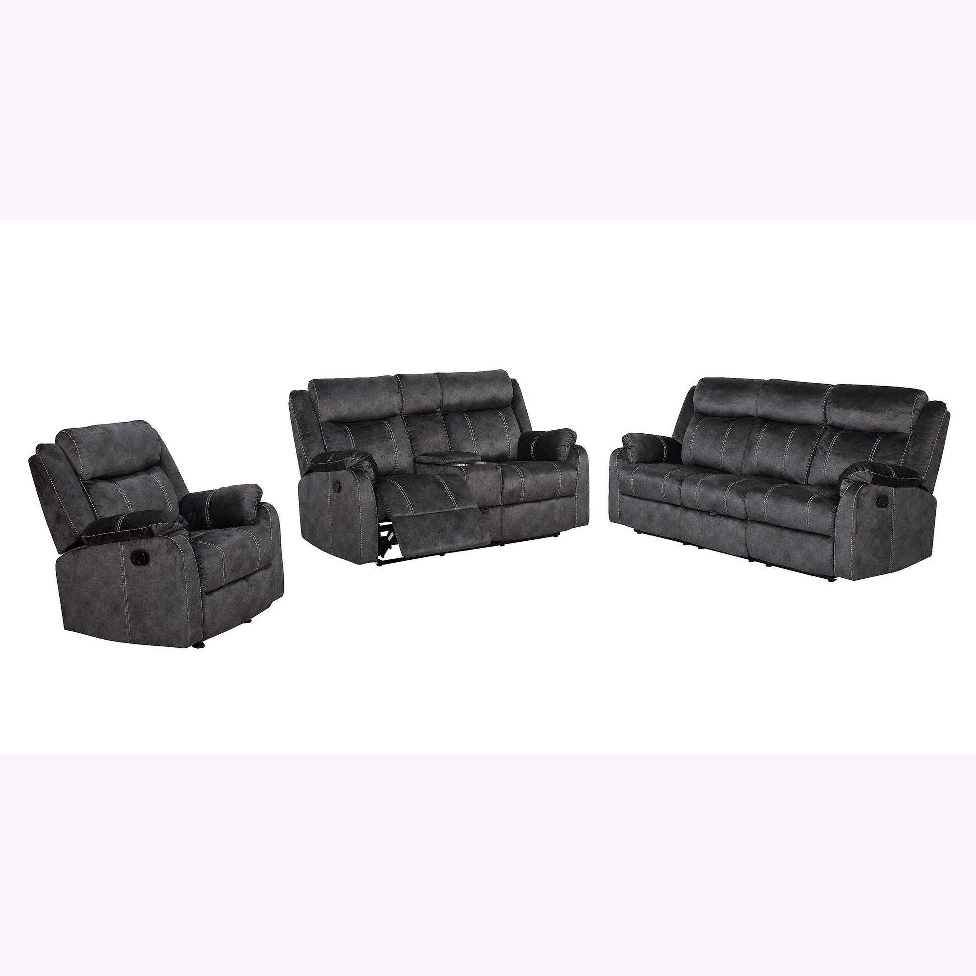 Sonet Domino reclining sofas three-piece set in dark gray fabric by HouseOfZazla on Tampa Home & Garden Store