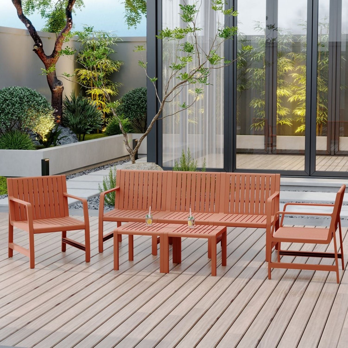 Waterproof orange outdoor patio set with sofa, two chairs, and coffee table on a wooden deck on Tampa Home & Garden Store