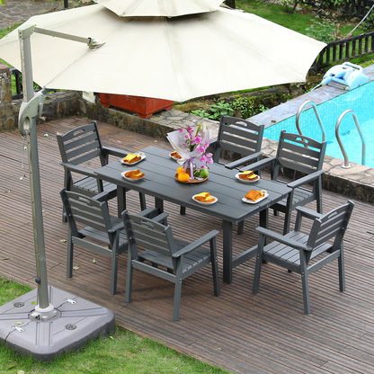 HDPE HouseOfZazla dining set with table and six chairs on a deck under umbrella by pool on Tampa Home & Garden Store