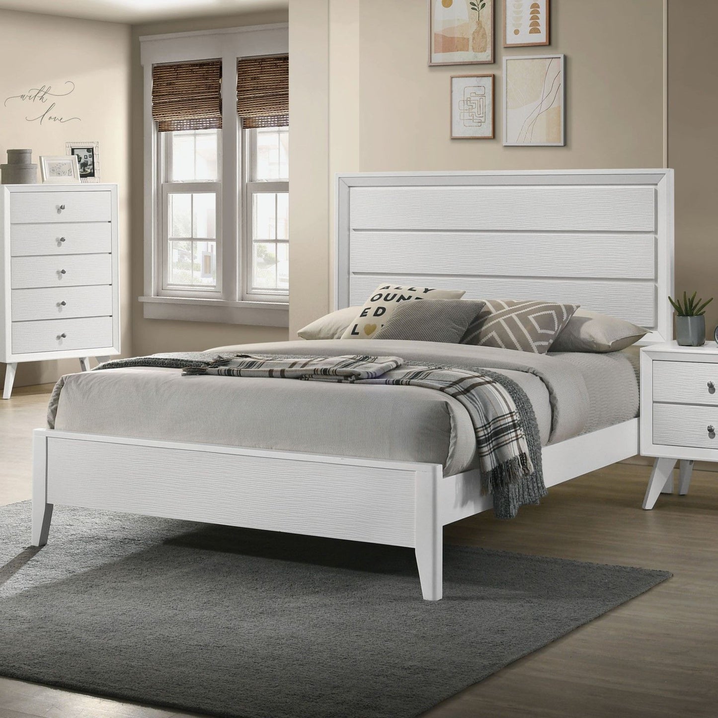 Modern Solid Wood Bed and Wave Headboard Set