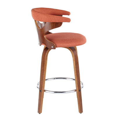 Mid Century Modern counter stool set with swivel, orange upholstered seat and curved wood base on Tampa Home & Garden Store