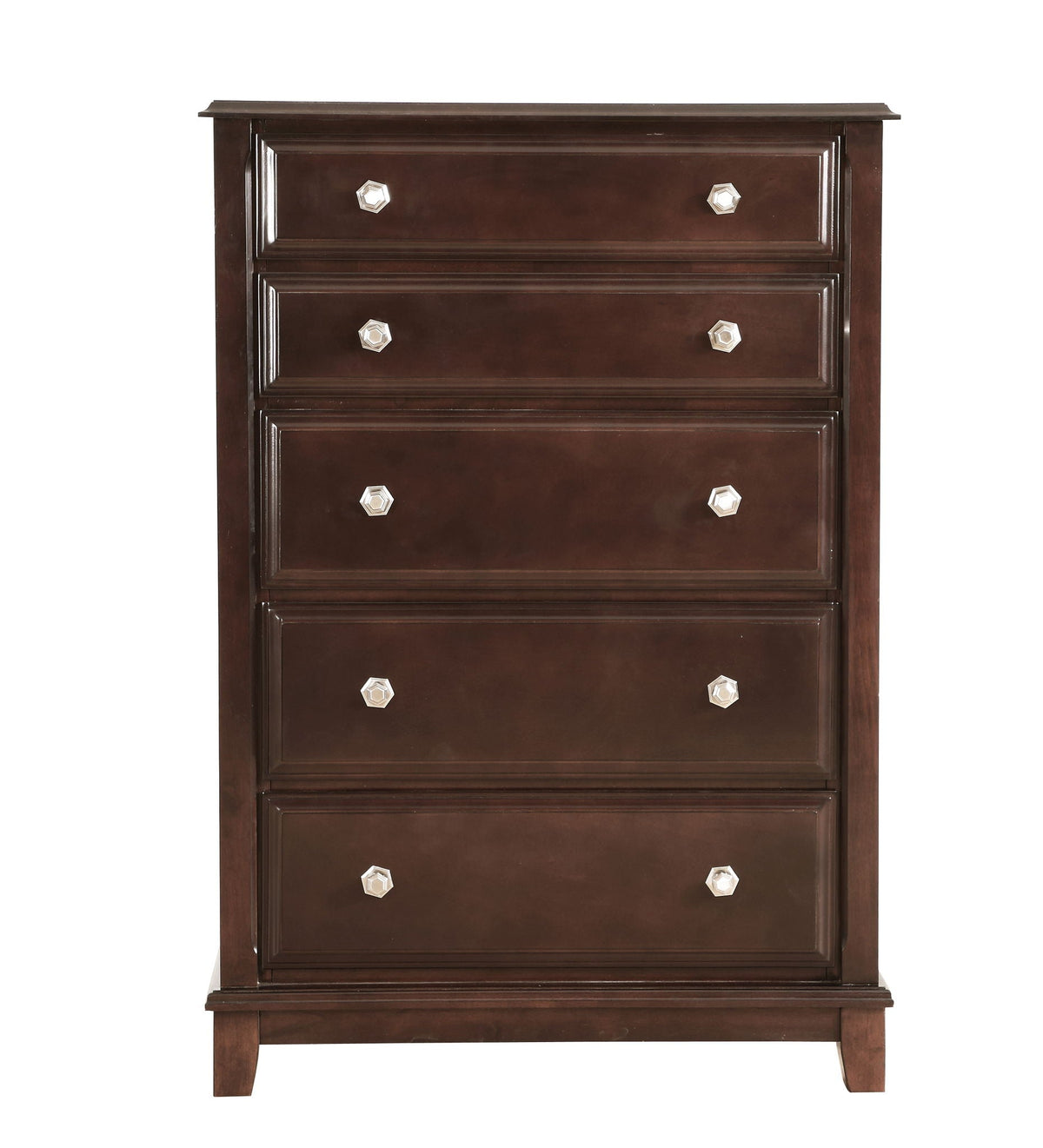 Ashford Chest with dovetail drawers cappuccino finish, accent chest with silver knobs on Tampa Home & Garden Store