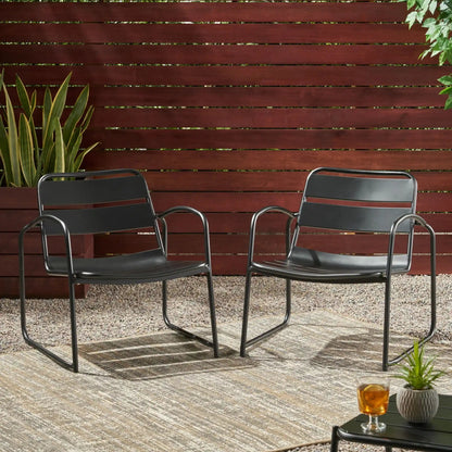 Conrad Outdoor Chair pair by HouseOfZazla, black metal frame with curved arms and mesh seating on Tampa Home & Garden Store