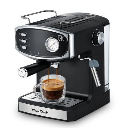 PlumChef black 20-bar semi-automatic espresso machine with chrome accents on Tampa Home & Garden Store