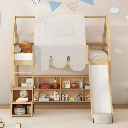 Loft bed with house-shaped frame and fabric tent in natural wood finish on Tampa Home & Garden Store