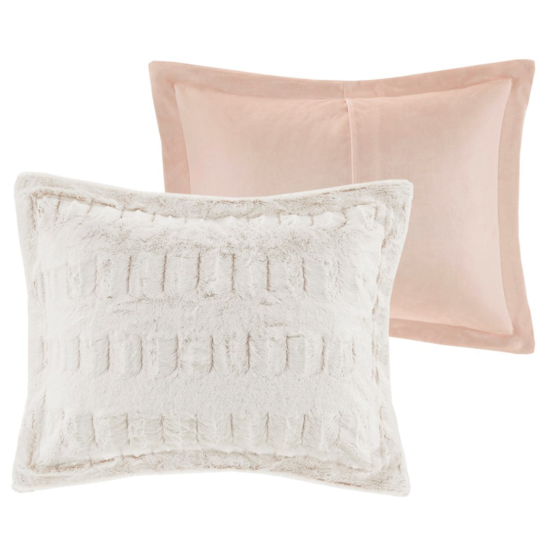 Decorative pillow pair: ivory faux-fur front pillow with blush pink velvet back on Tampa Home & Garden Store