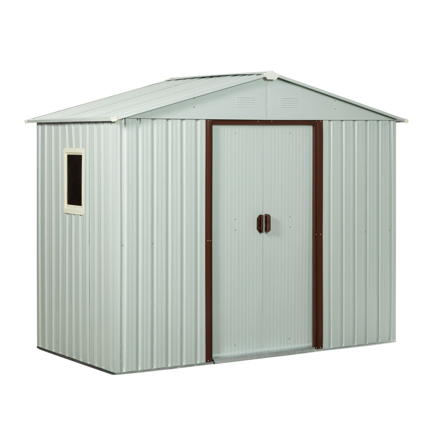 88.98in outdoor metal storage shed with window gray corrugated steel brown framed doors on Tampa Home & Garden Store