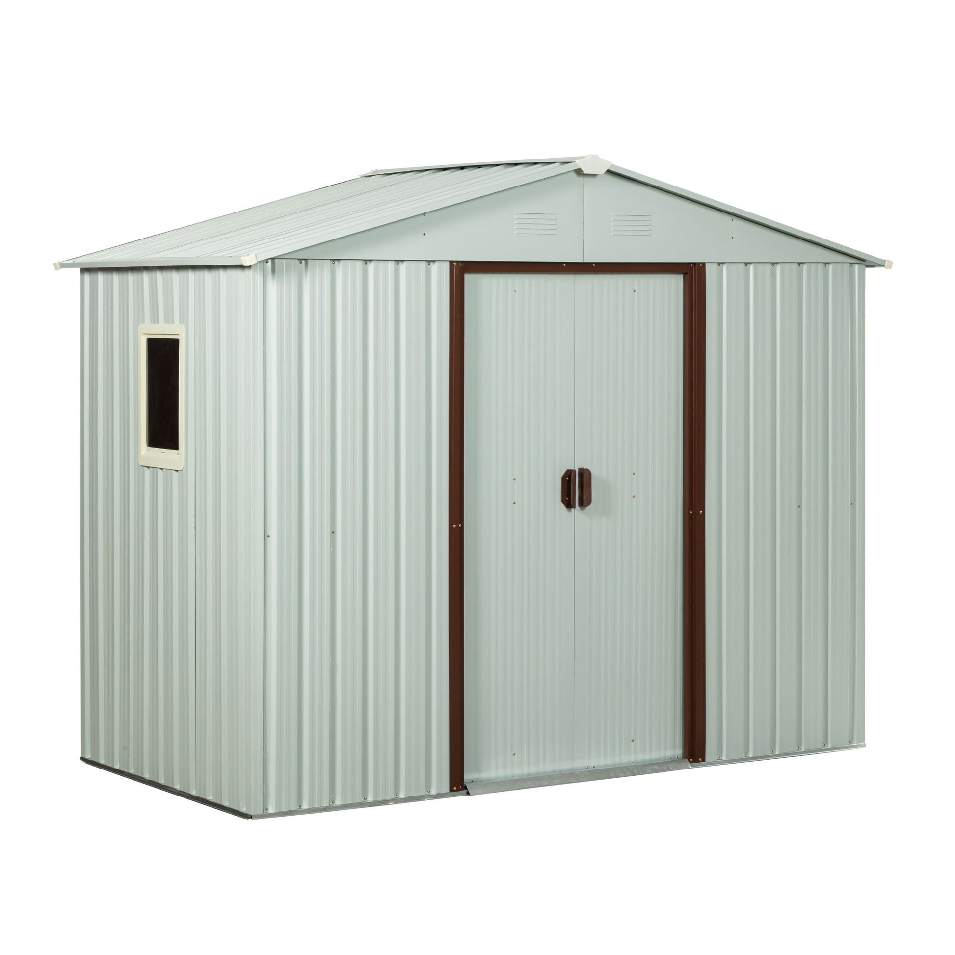 88.98in outdoor metal storage shed with window gray corrugated steel brown framed doors on Tampa Home & Garden Store