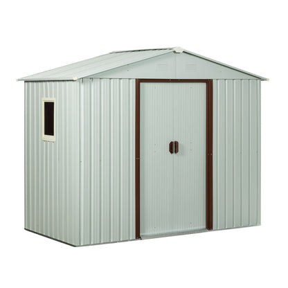 88.98in outdoor metal storage shed with window gray corrugated steel brown framed doors on Tampa Home & Garden Store