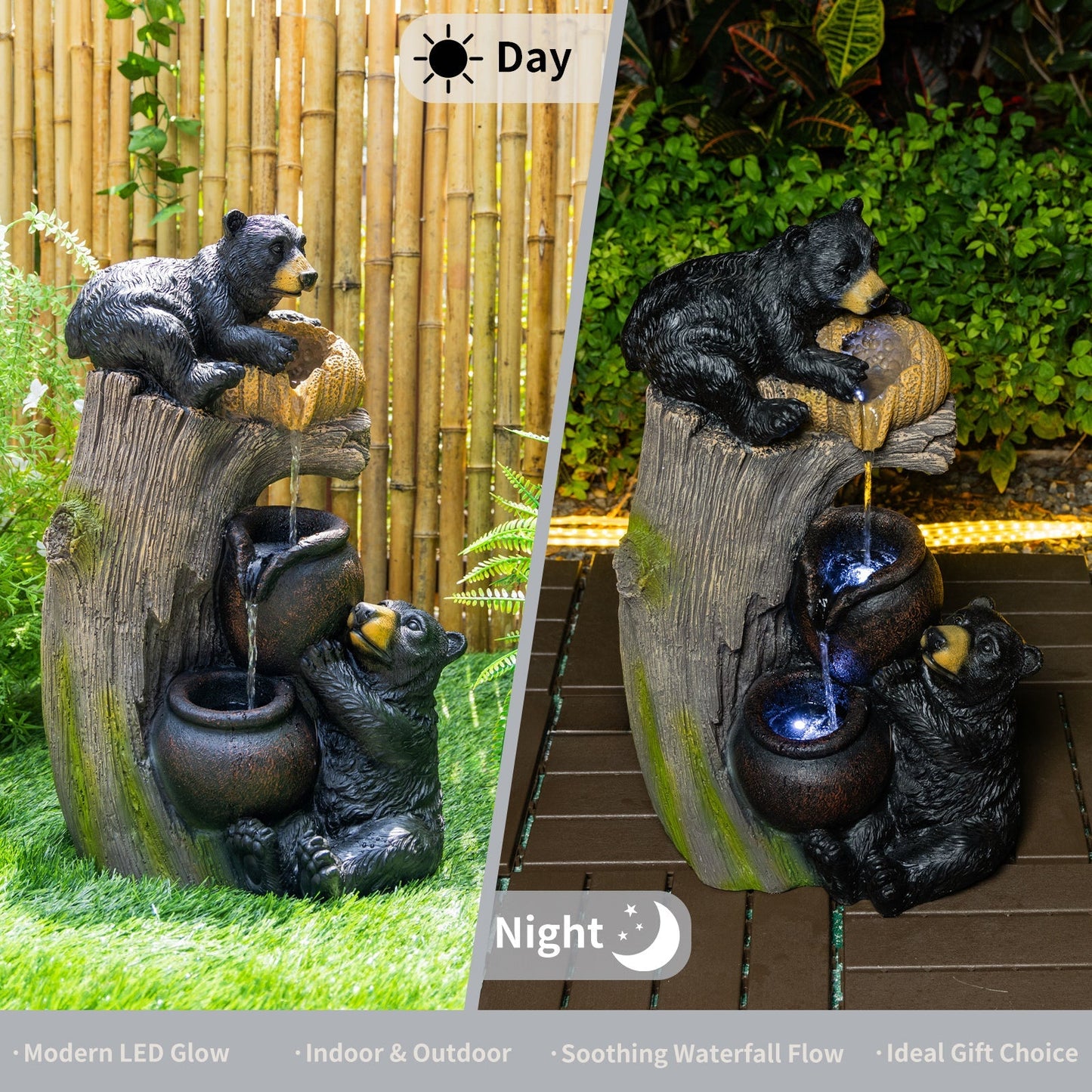 Bear Outdoor Water Fountain with LED Lights on black bears on a stump, day and night view on Tampa Home & Garden Store