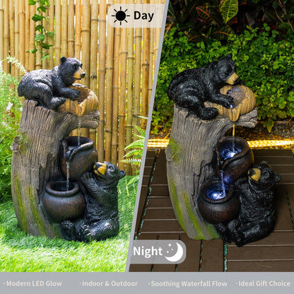Bear Outdoor Water Fountain with LED Lights on black bears on a stump, day and night view on Tampa Home & Garden Store