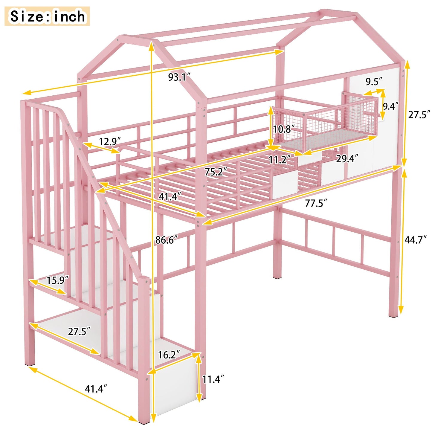 Pink metal loft bed with roof frame, guardrails, integrated ladder and built-in storage box on Tampa Home & Garden Store