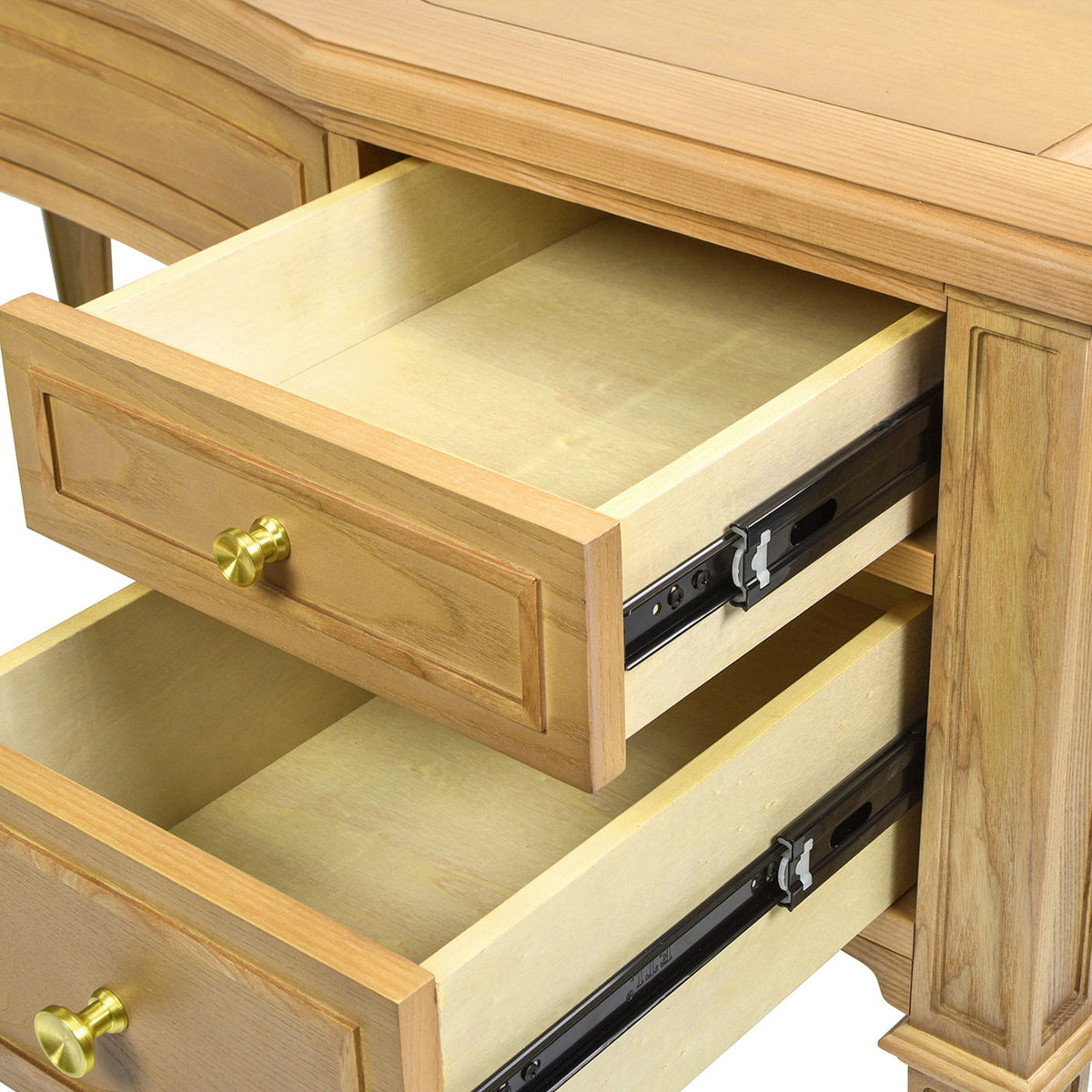 Dauphin 5-drawer executive desk in light brown solid rubber hardwood with brass knobs on Tampa Home & Garden Store