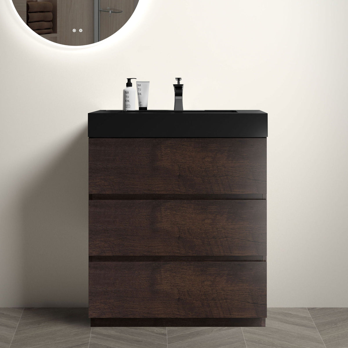 Alice bathroom vanity with dark wood finish, black top, and one-piece sink basin, modern faucet on Tampa Home & Garden Store