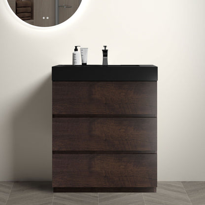 Alice bathroom vanity with dark wood finish, black top, and one-piece sink basin, modern faucet on Tampa Home & Garden Store