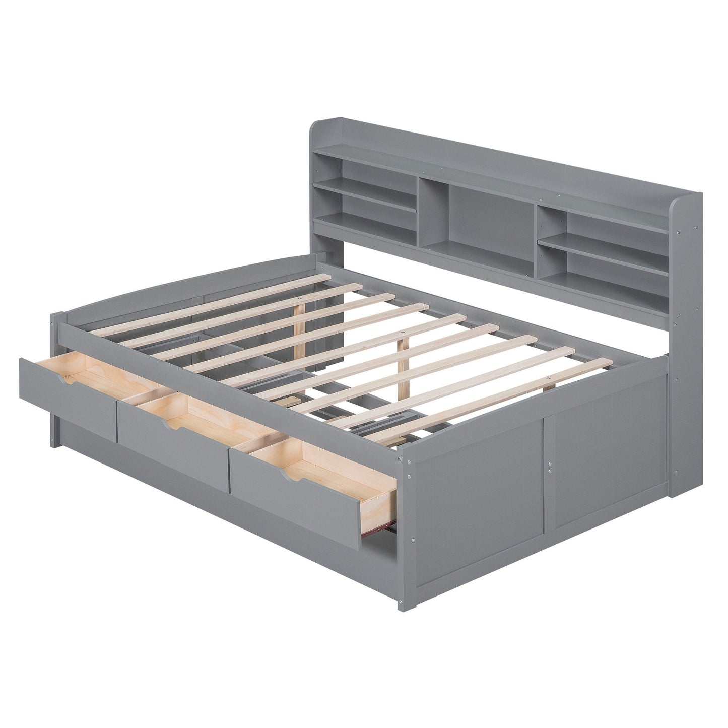 Captain Bed with Built-In Bookshelves and Trundle, gray wood, 3 drawers on Tampa Home & Garden Store