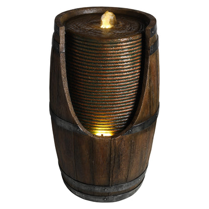 Outdoor Barrel Water Fountain in rustic wood-look resin, brown barrel with water spout on Tampa Home & Garden Store