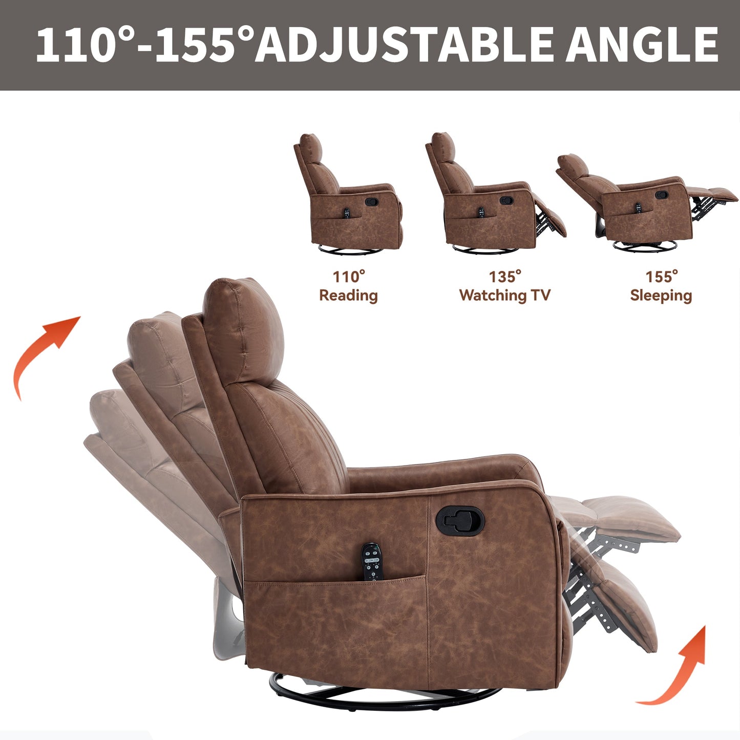 Brown heat massage manual recliner chair by HouseOfZazla in 3-view display with 110–155° angles on Tampa Home & Garden Store